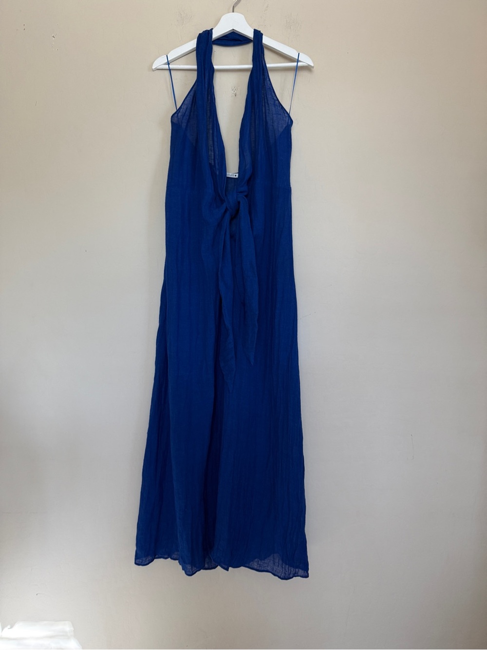 Zara Women's Royal Blue Halter Tie-Front Linen Maxi Dress - Picture 4 of 10